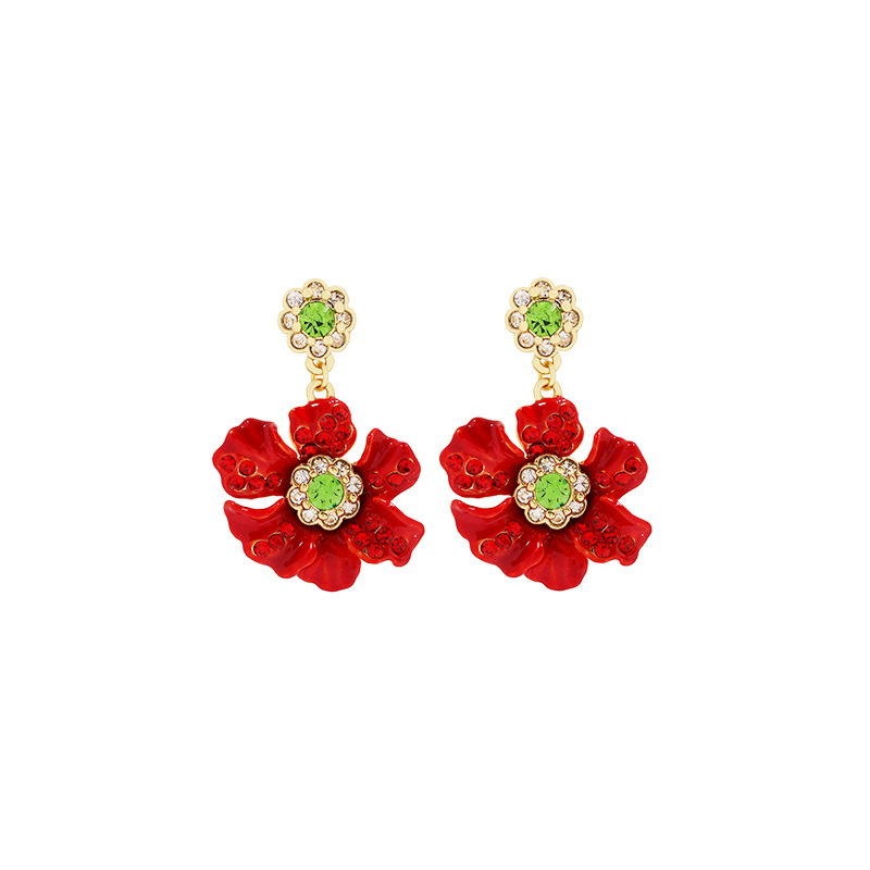 Red Purple Flower With Crystal Enamel Dangle Earrings