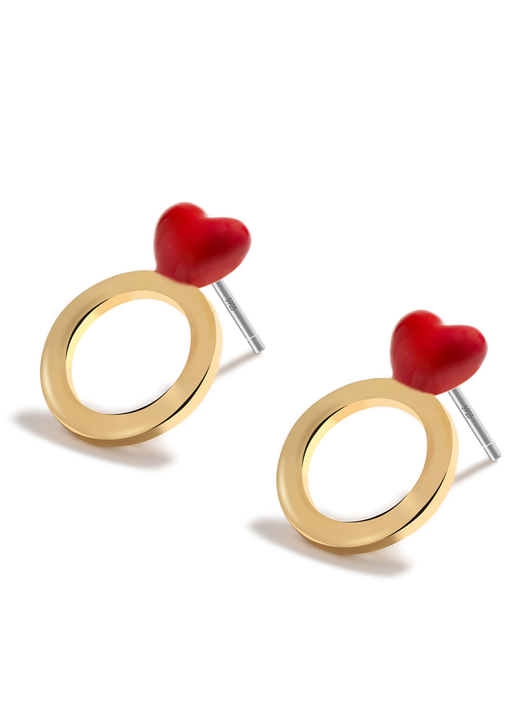 Red Heart With Gold Plated Circle Enamel Stud Earrings