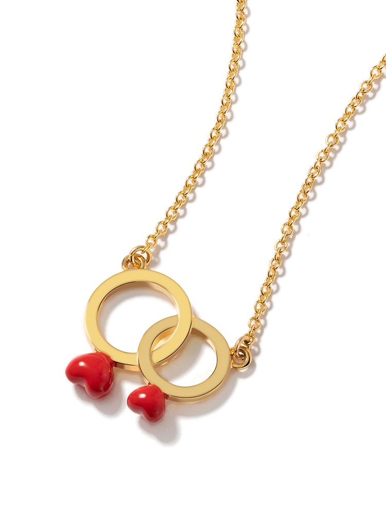 Red Heart With Gold Plated Circle Enamel Pendant Necklace