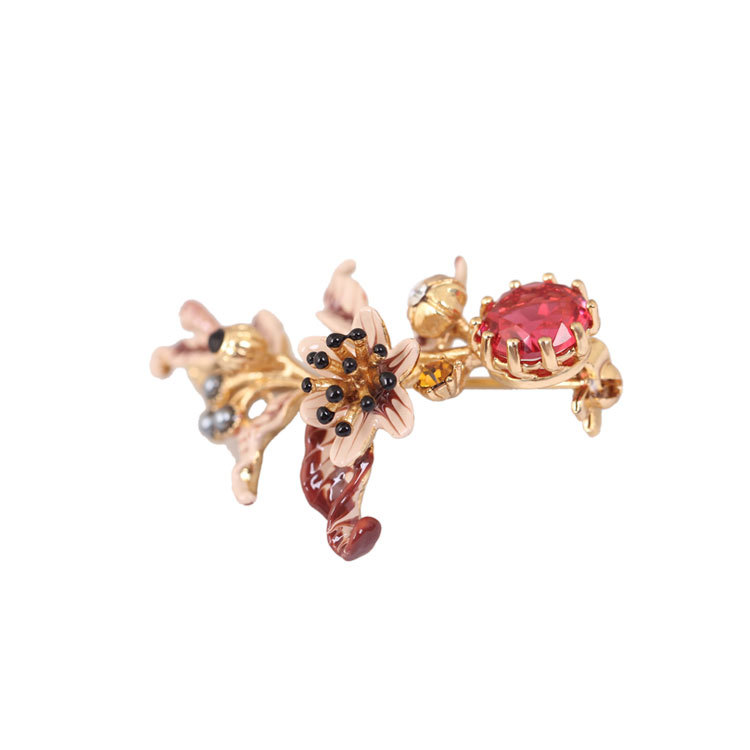 Berry Raspberry Plant Series Red Crystal Brown Flowers Pearl Brooch Jewelry