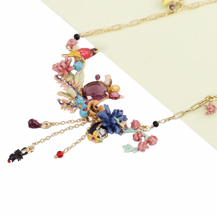 Enamel Anime Cactus Purple Crystal Festive Bird Complex Design Necklace