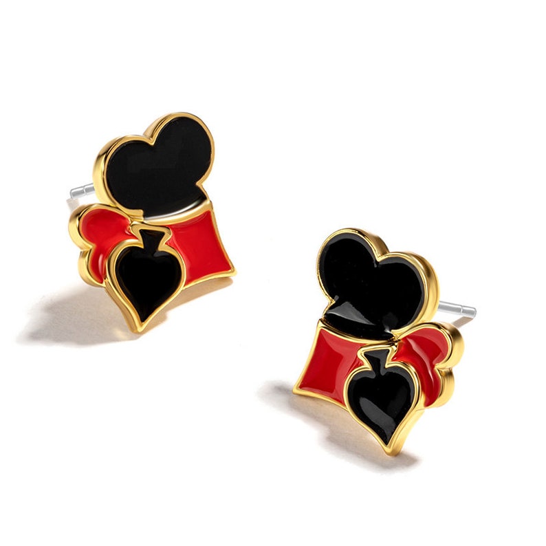 Red Black Heart Playing Card Enamel Stud Earrings