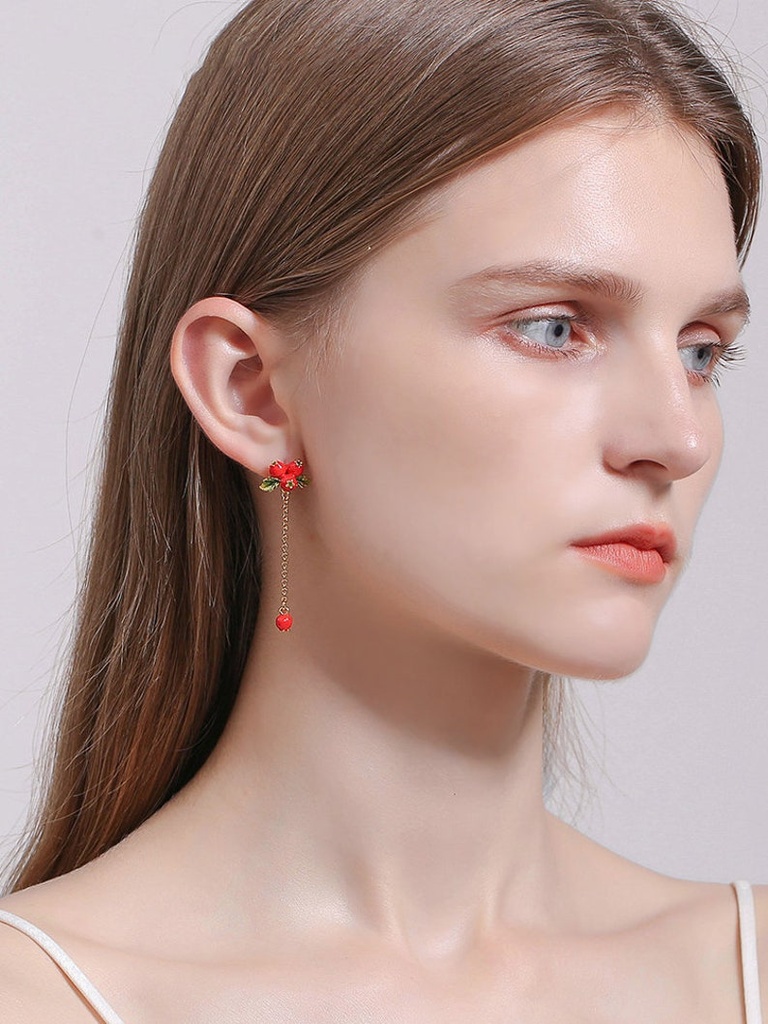 Red Fruit Hawthorn And White Flower Enamel Stud Earrings