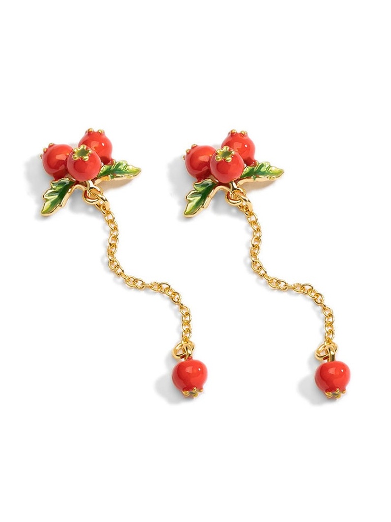 Red Fruit Hawthorn And White Flower Enamel Stud Earrings