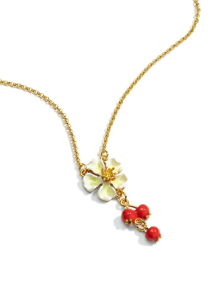 Red Fruit Hawthorn And White Flower Enamel Pendant Necklace Jewelry Gift