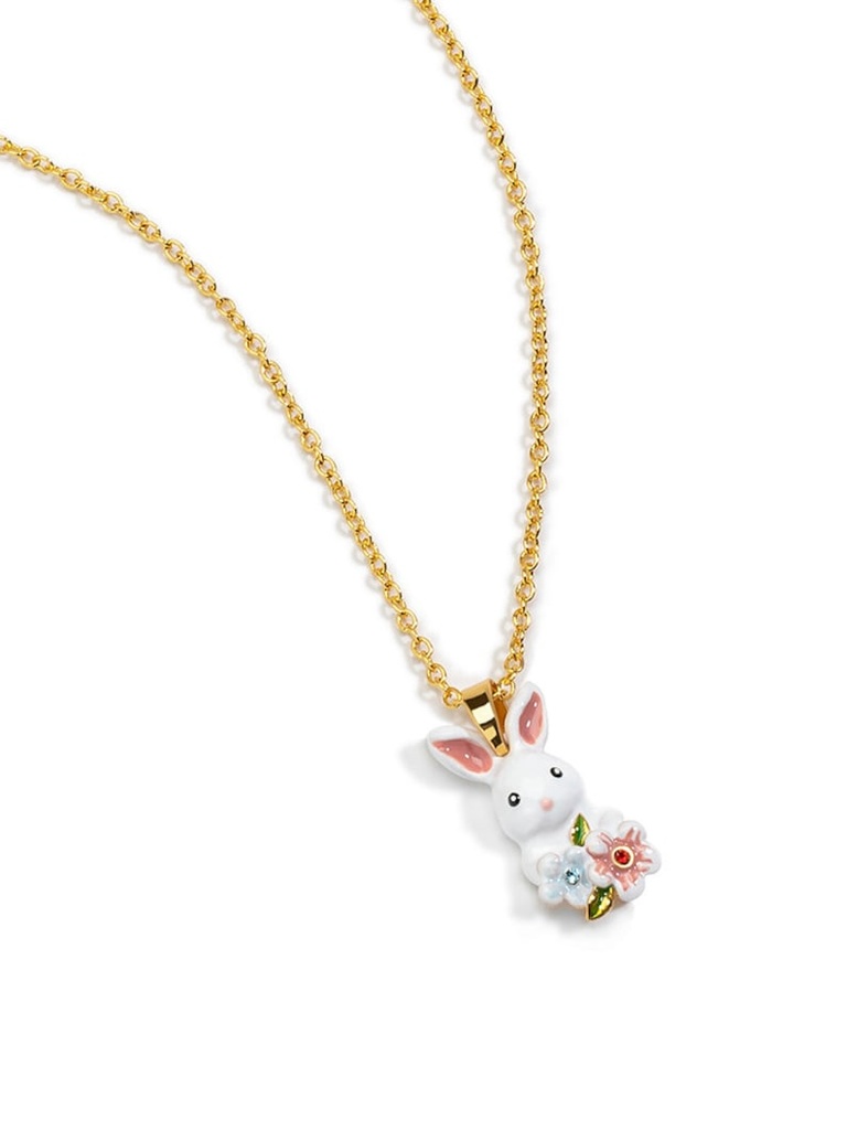 Cute Rabbit Bunny And Pink Flower Enamel Pendant Necklace Jewelry Gift