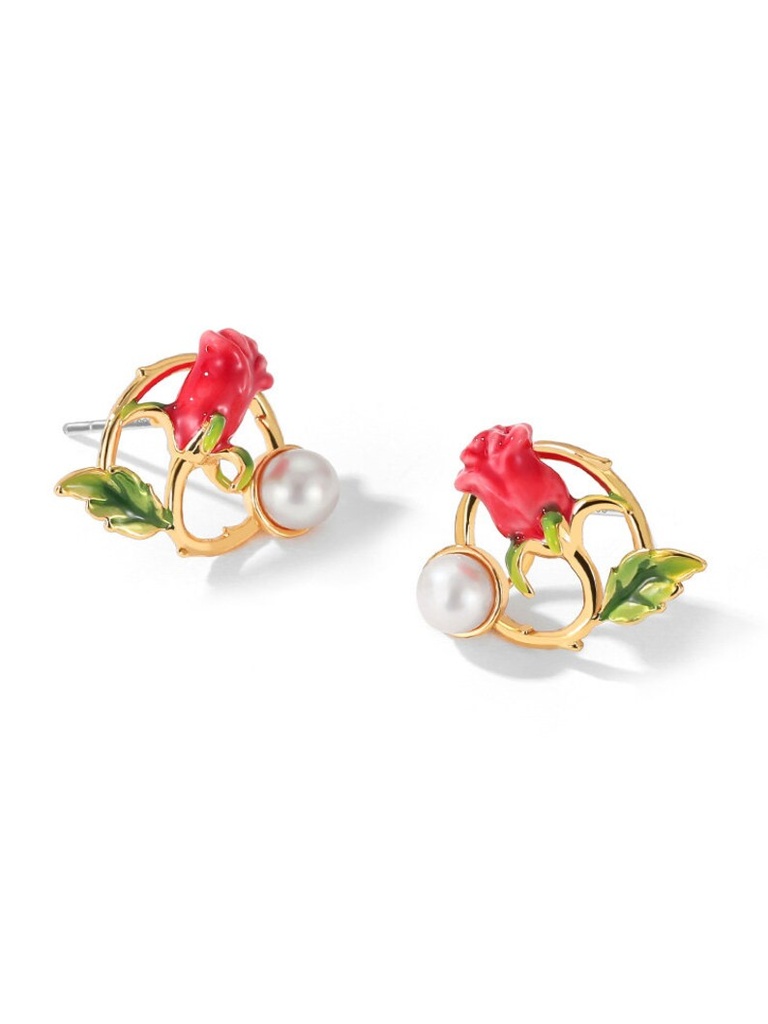 Red Rose Flower And Green Leaf Pearl Enamel Stud Earrings Jewelry Gift