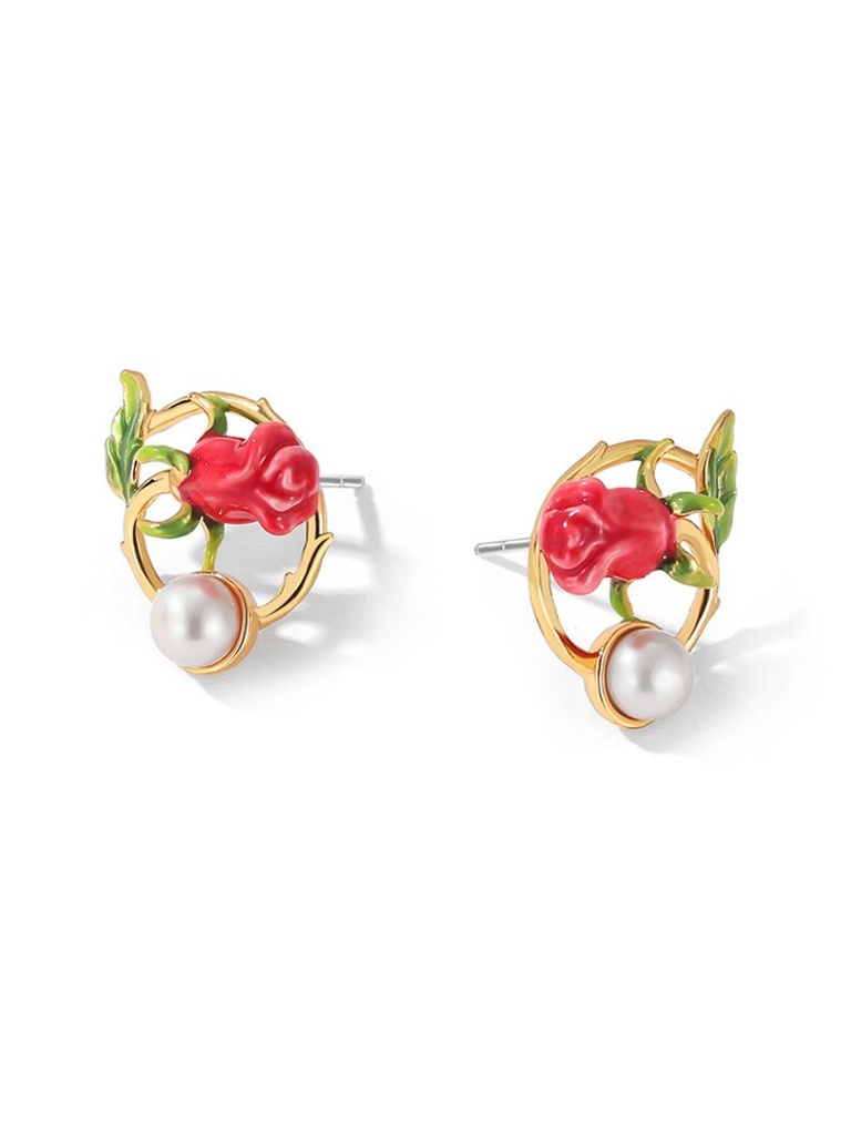 Red Rose Flower And Green Leaf Pearl Enamel Stud Earrings Jewelry Gift