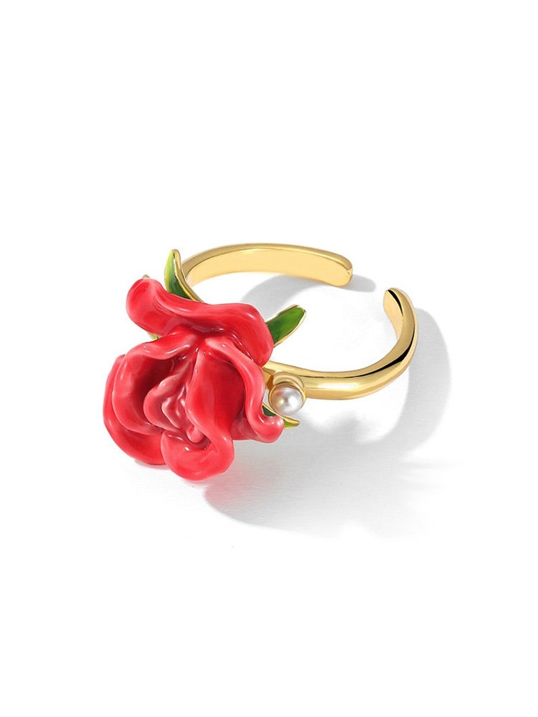 Red Rose Flower Enamel Adjustable Ring Jewelry Gift