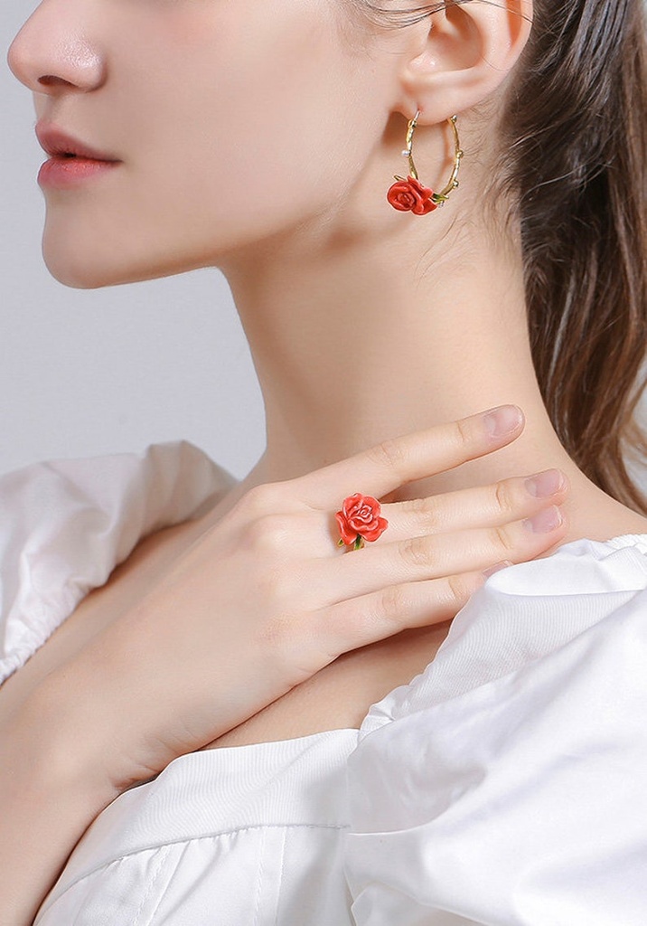 Red Rose Flower Enamel Adjustable Ring Jewelry Gift