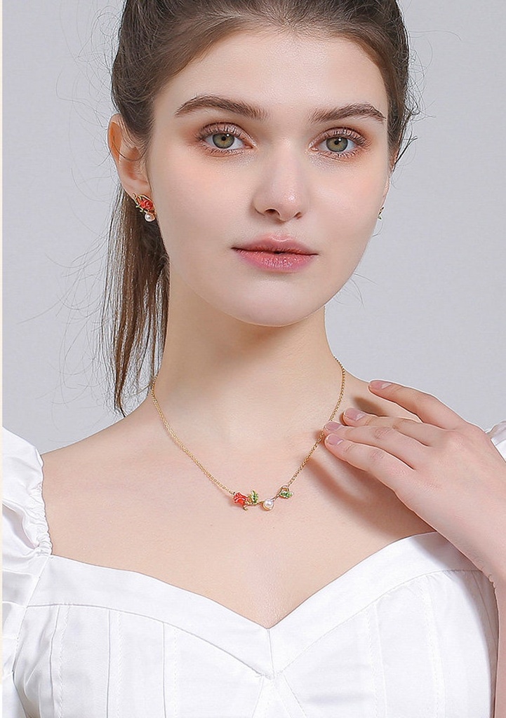 Red Rose Flower Branch With Pearl Enamel Collar Necklace Jewelry Gift
