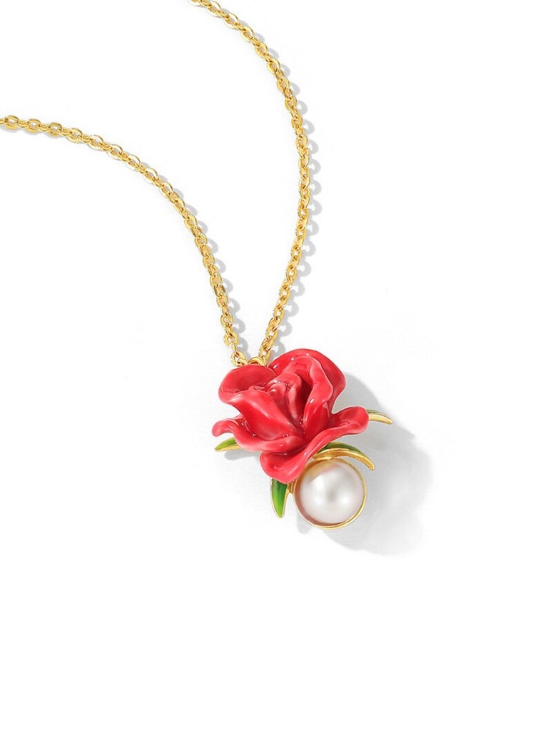 Red Rose Flower And Pearl Enamel Pendant Collar Necklace Jewelry Gift
