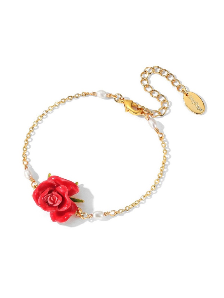 Dahlia Red Flower Yellow Bud And Bead Enamel Earrings