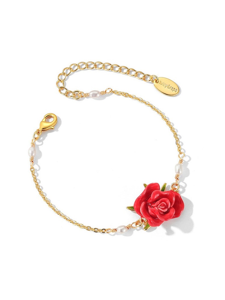 Red Rose Flower And Pearl Enamel Think Bracelet Jewelry Gift