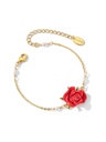 Dahlia Red Flower Yellow Bud And Bead Enamel Earrings