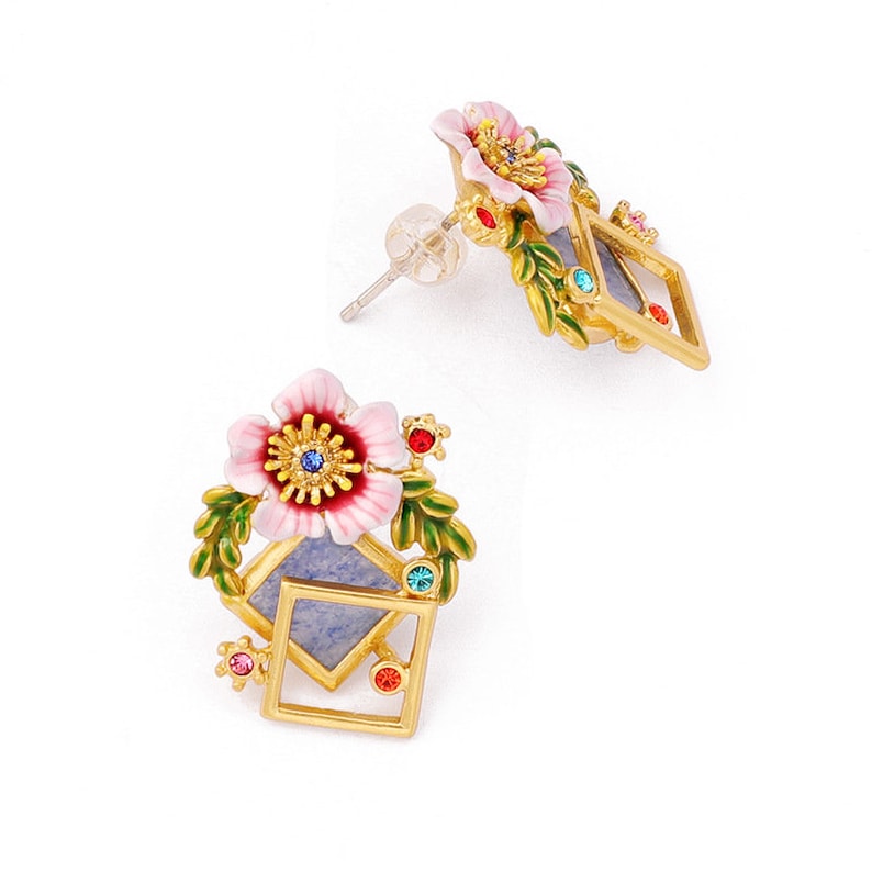 Pink Peach Flower And Leaf Crystal Enamel Stud Earrings Jewelry Gift