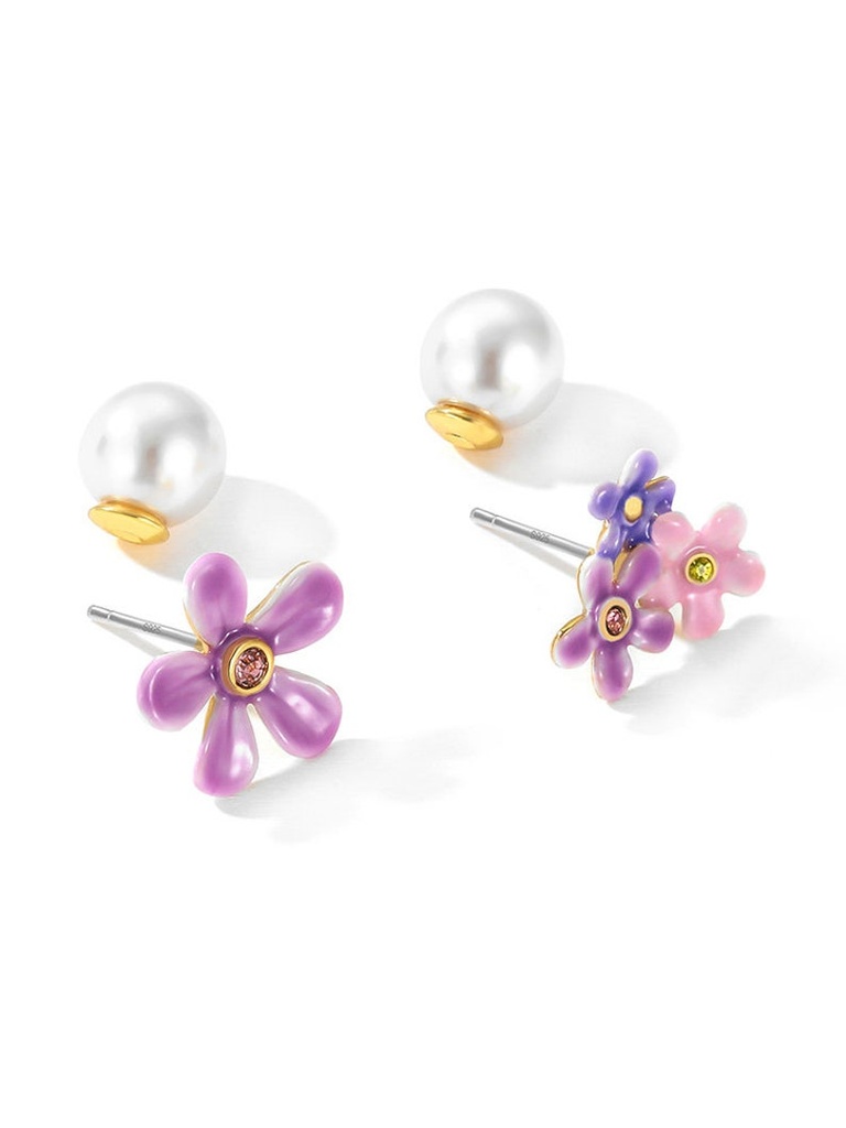 Purple Pink Flower And Pearl Asymmetrical Enamel Stud Earrings Jewelry Gift