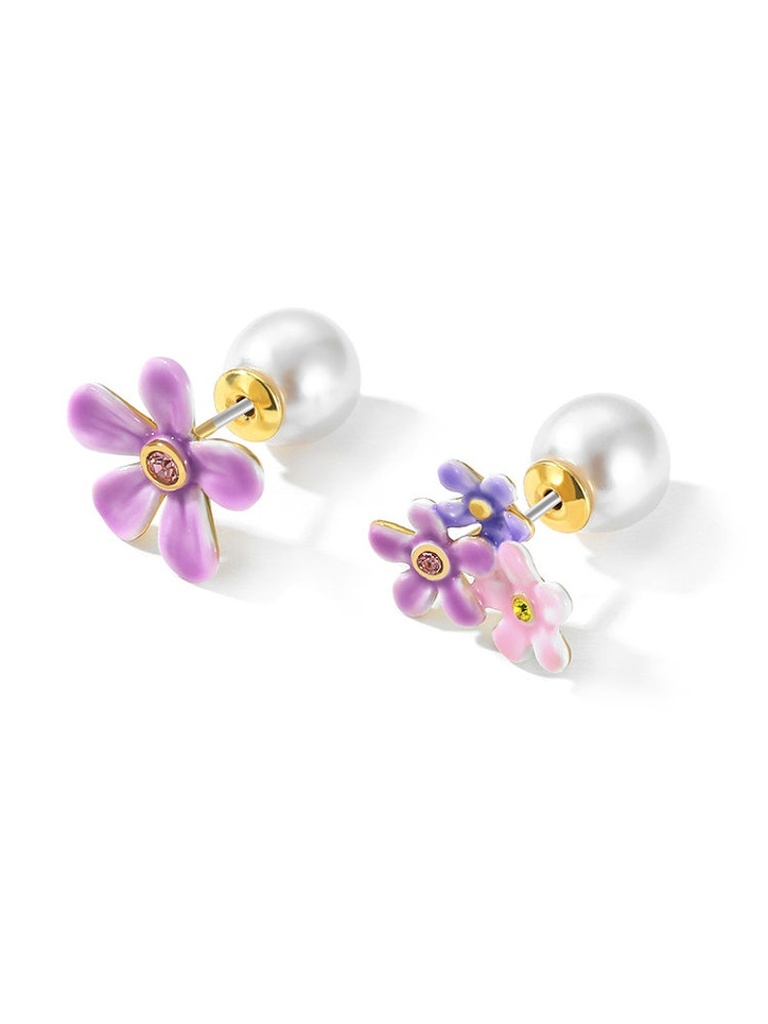 Purple Pink Flower And Pearl Asymmetrical Enamel Stud Earrings Jewelry Gift