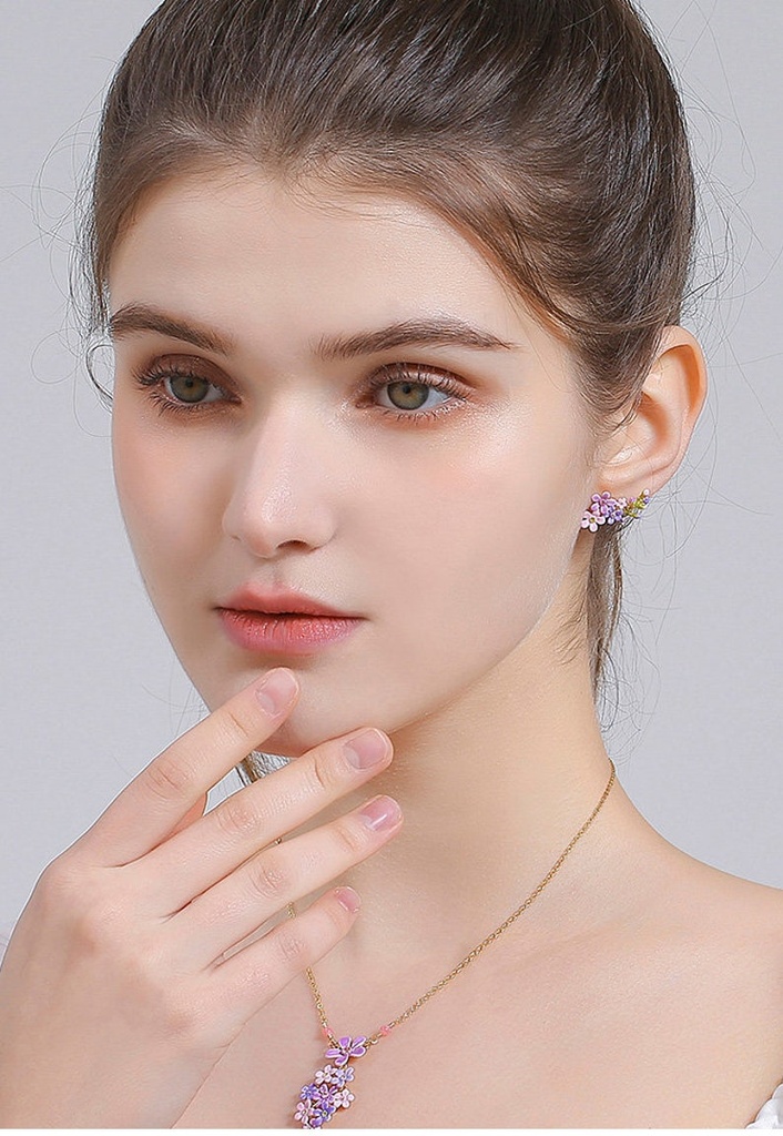 Purple Pink Flower Enamel Stud Earrings Jewelry Gift