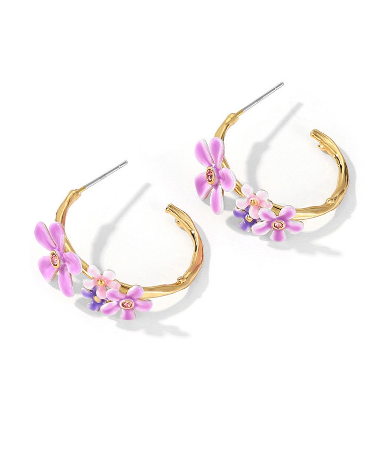 Purple Pink Flower C Shape Enamel Stud Earrings Jewelry Gift