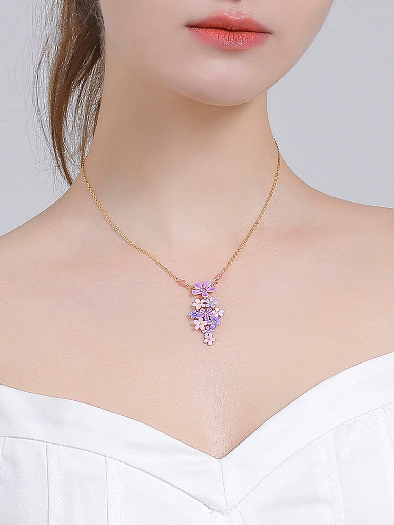 Pink Purple Flower And Crystal Enamel Pendant Necklace Jewelry Gift