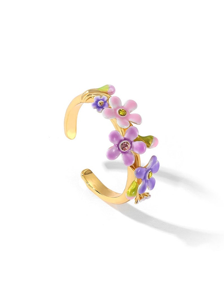 Purple Pink Flower And Crystal Enamel Adjustable Ring Jewelry Gift