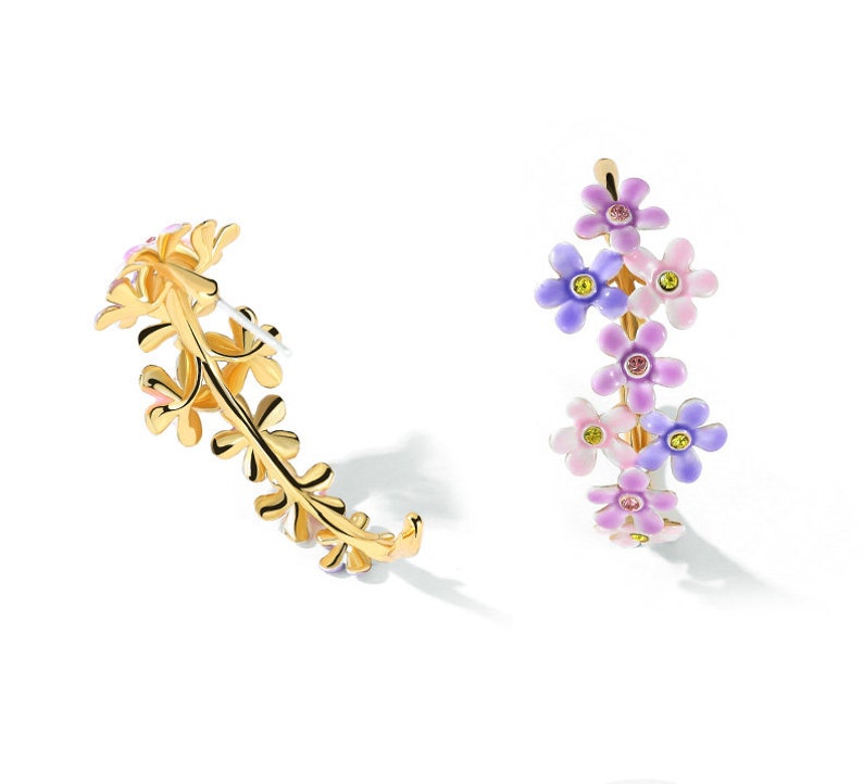Purple Pink Flower And Crystal C Shape Enamel Stud Earrings Jewelry Gift