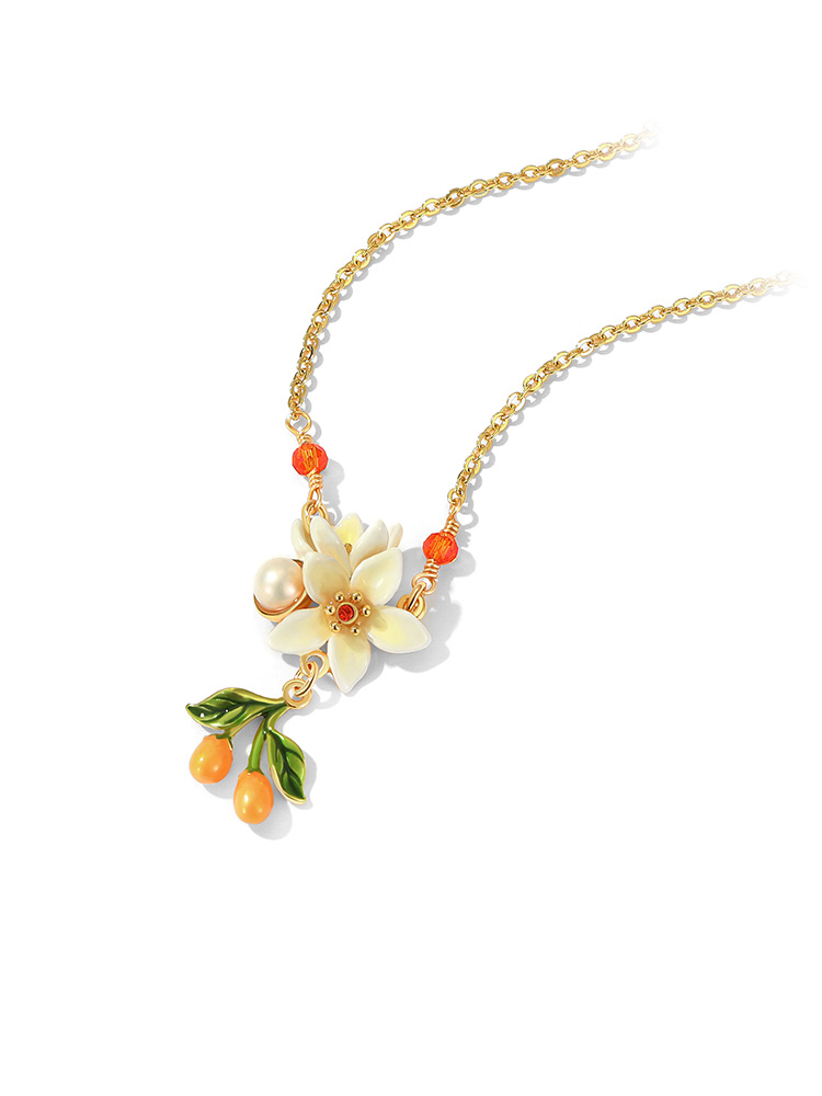 Orange Blossom Flower Kumquat Pearl Enamel Pendant Necklace