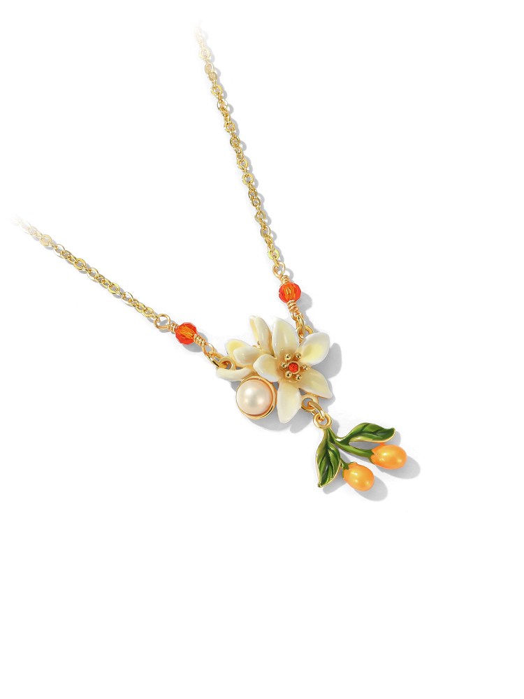Orange Blossom Flower Kumquat Pearl Enamel Pendant Necklace