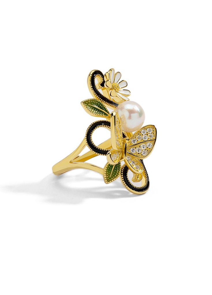 Daisy Flower Butterfly With Crystal And Natural Freshwater Pearl Enamel Adjustable Ring