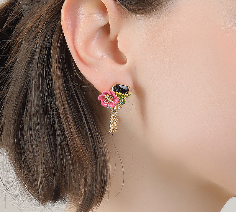 Pink Flower And Black Stone Tassel Enamel Earrings