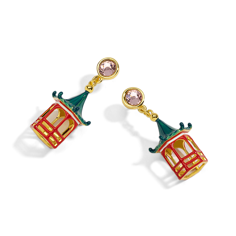 Cute Architecture Pavilion Hollow Out And Crystal Enamel Dangle Earrings