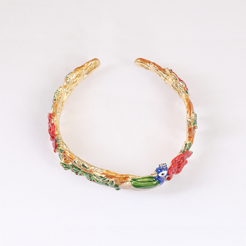 Peacock And Red Rose Flower Enamel Bangle Bracelet