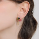 Pink Flower And Black Stone Tassel Enamel Earrings