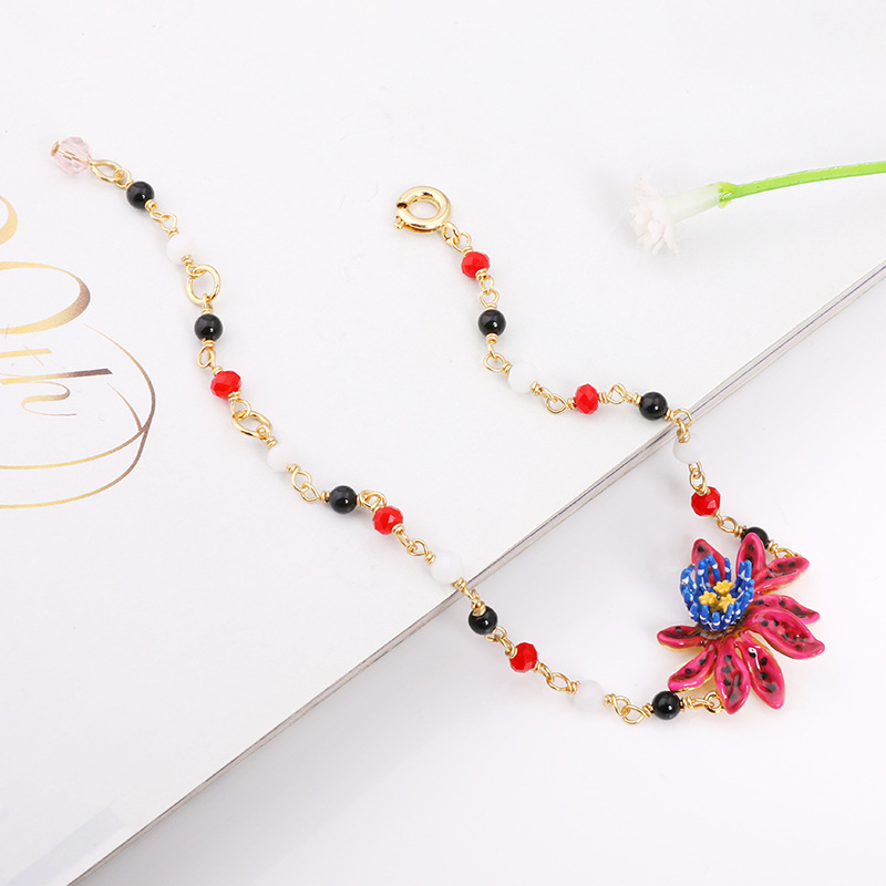 Enamel Cute Cat Gemstone Flower Bracelet