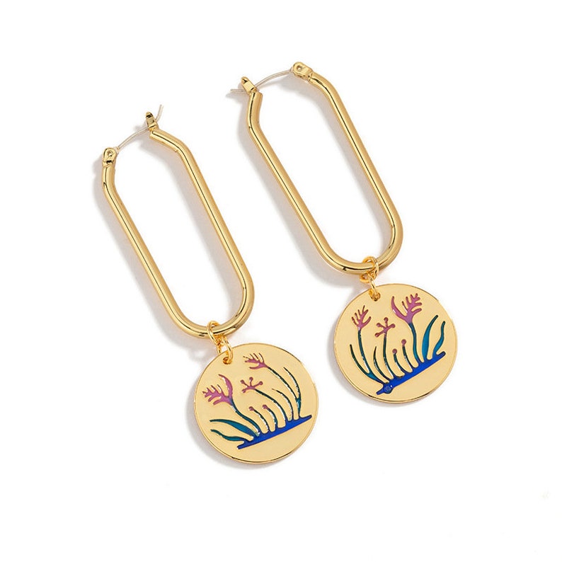 Plant Gold Plated Metal Sheet Enamel Dangle Earrings Jewelry Gift