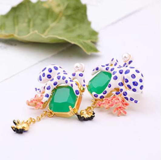 Pink Coral Octopus And Green Stone Enamel Stud Dangle Earrings Jewelry Gift