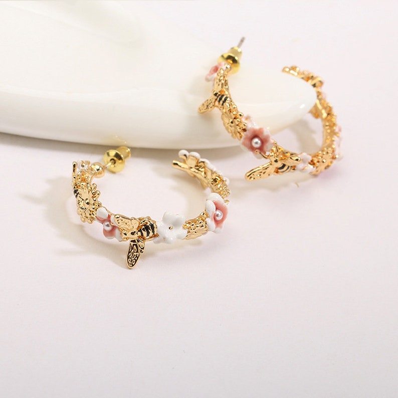 Daisy Purple White Flower Leaf And Crystal Enamel Adjustable Ring
