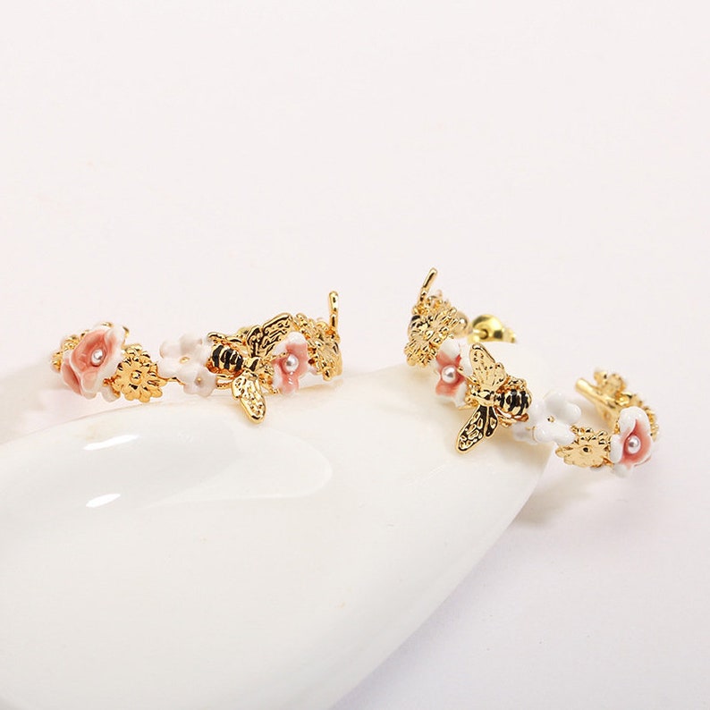 Daisy Purple White Flower Leaf And Crystal Enamel Adjustable Ring