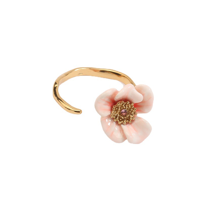 Pink Flower Camellia And Crystal Enamel Adjustable Ring Jewelry Gift