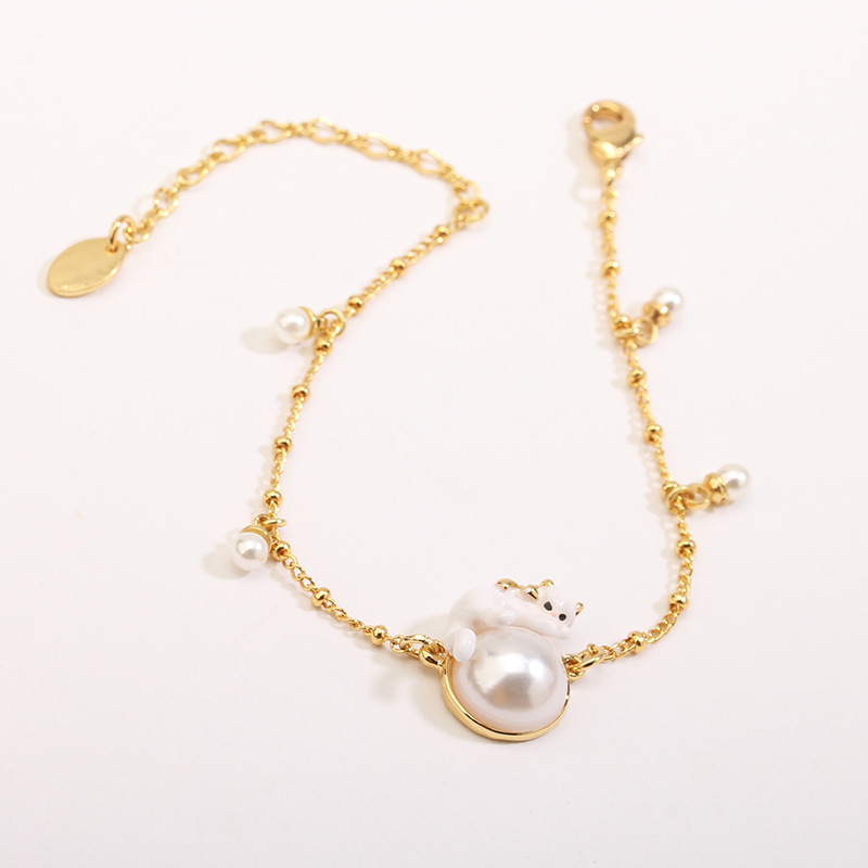 White Cat Kitten Kitty On Pearl Enamel Think Bracelet Jewelry Gift