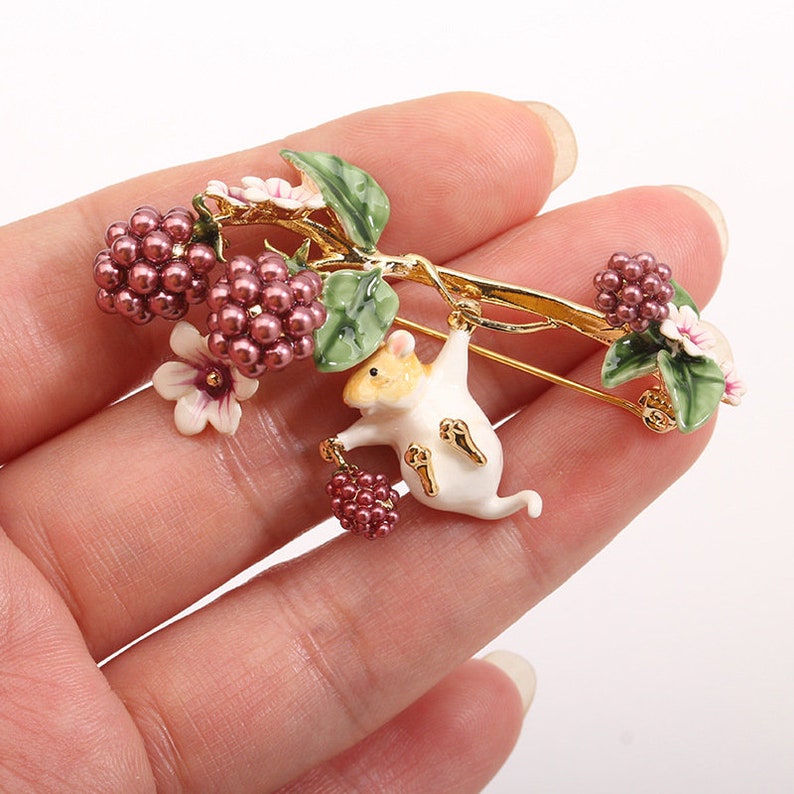 Hamster Purple Fruit Mulberry Flower Enamel Brooch Jewelry Gift