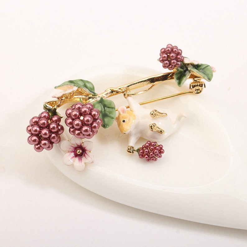 Hamster Purple Fruit Mulberry Flower Enamel Brooch Jewelry Gift