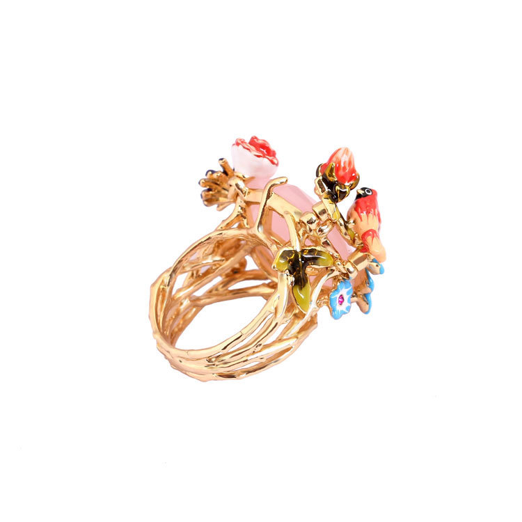 Peacock And Red Rose Flower Enamel Bangle Bracelet