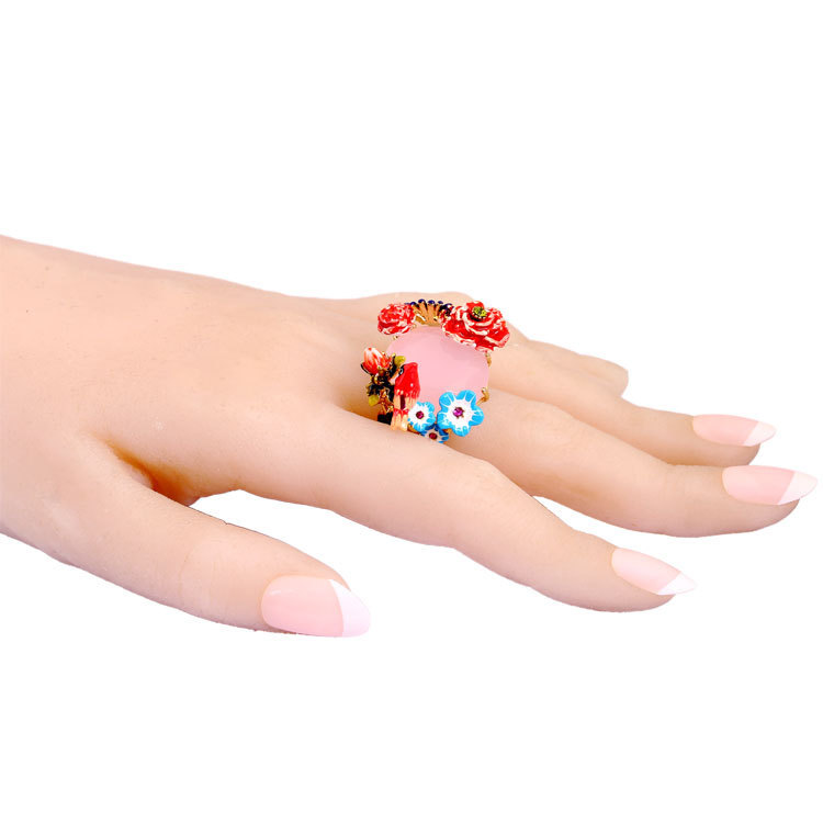 Red Blue Flower Bird And Stone Enamel Ring Jewelry Gift