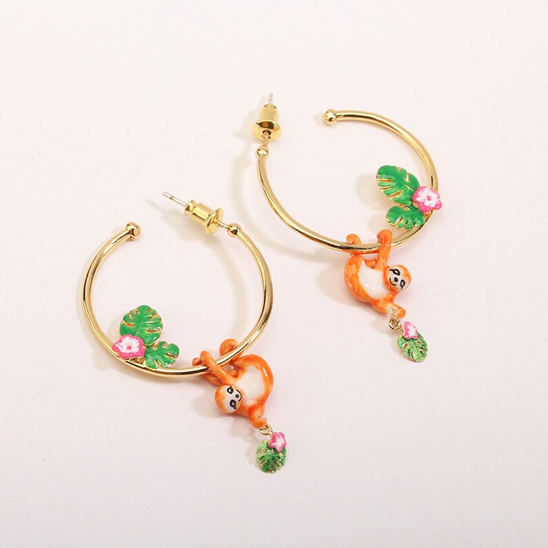 Sloth Green Leaf Pink Flower C Shape Enamel Hoop Earrings Jewelry Gift