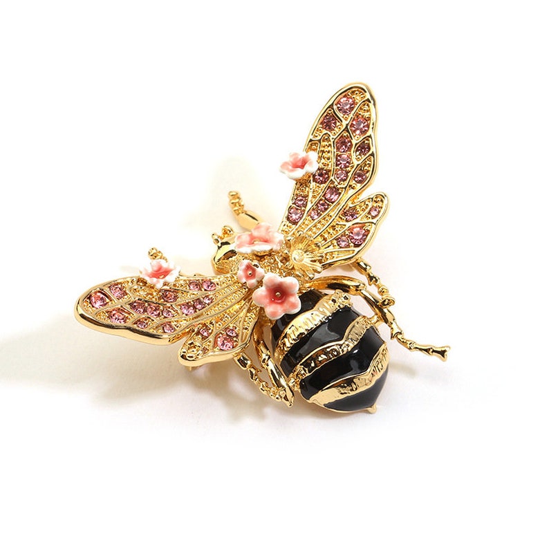Pink Flower On Bee And Crystal Enamel Brooch Jewelry Gift