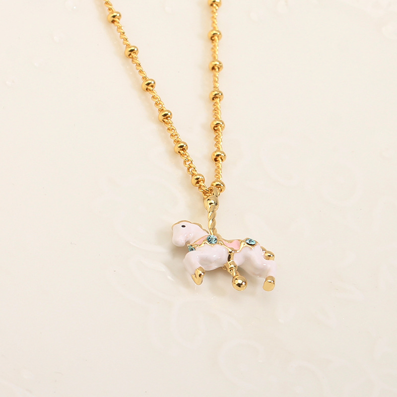 Carousel White Horse Enamel Pendant Necklace Jewelry Gift