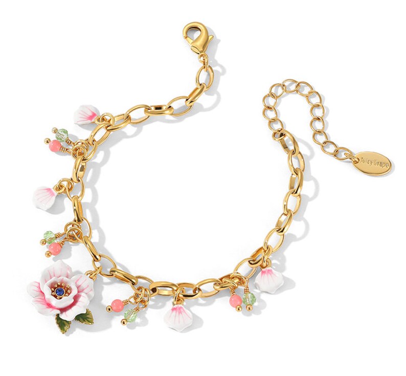 Daisy White Flower And Ladybug Enamel Thin Bracelet