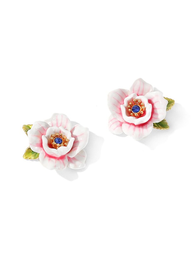 Pink White Rose Flower And Crystal Enamel Stud Earrings Jewelry Gift